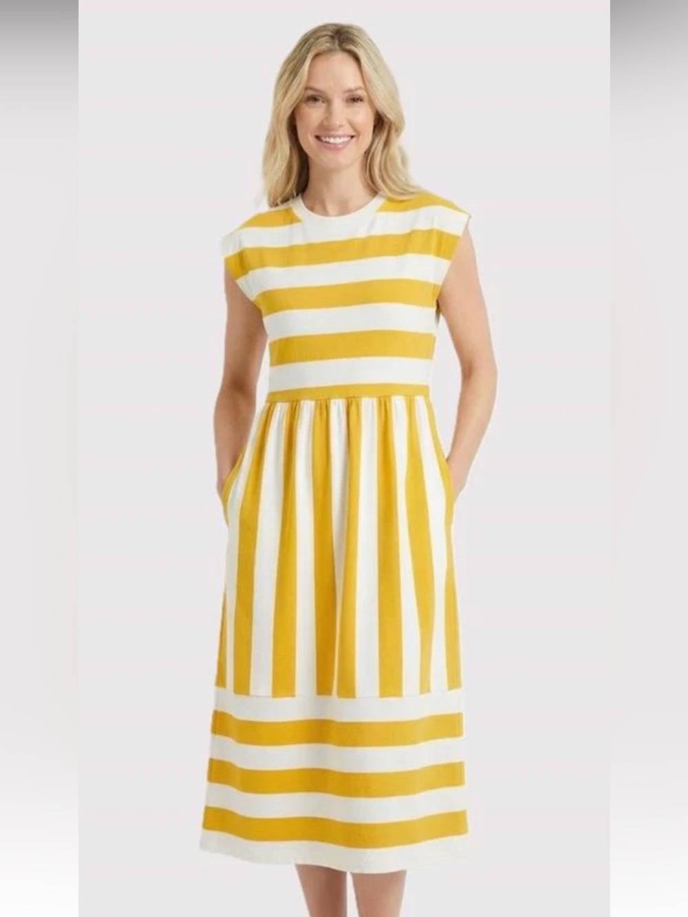 New! Yellow and White Striped Midi Dress - Classic Sleeveless Design